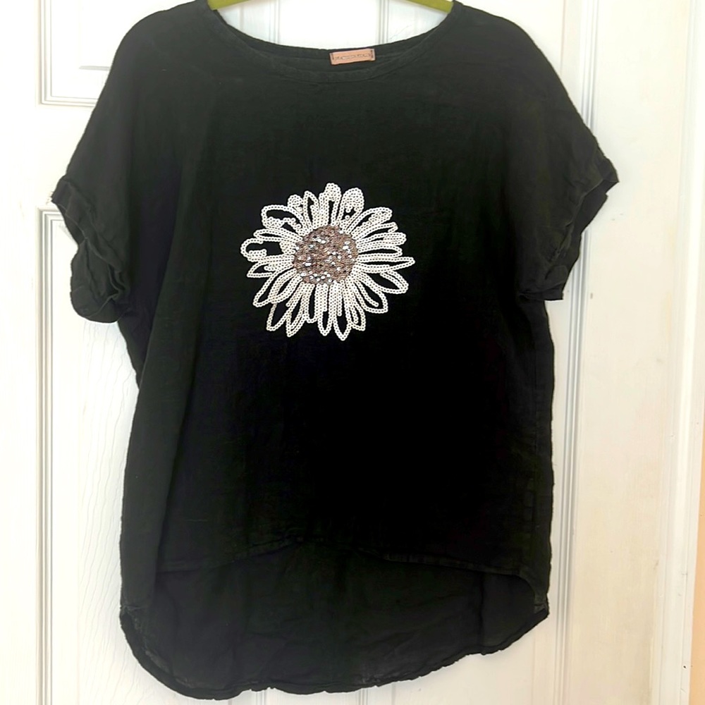 Black linen embellished top